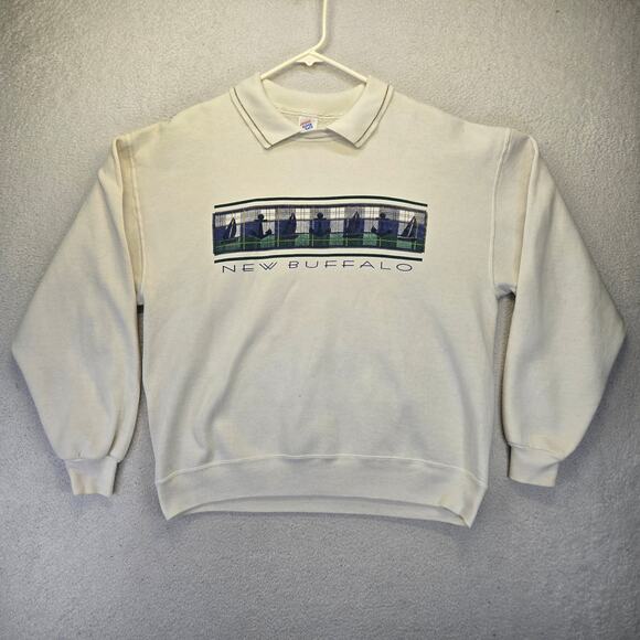 Vintage Jerzees New Buffalo Sailboat Graphic Sweatshirt Womens L Cream USA Made - Picture 1 of 13